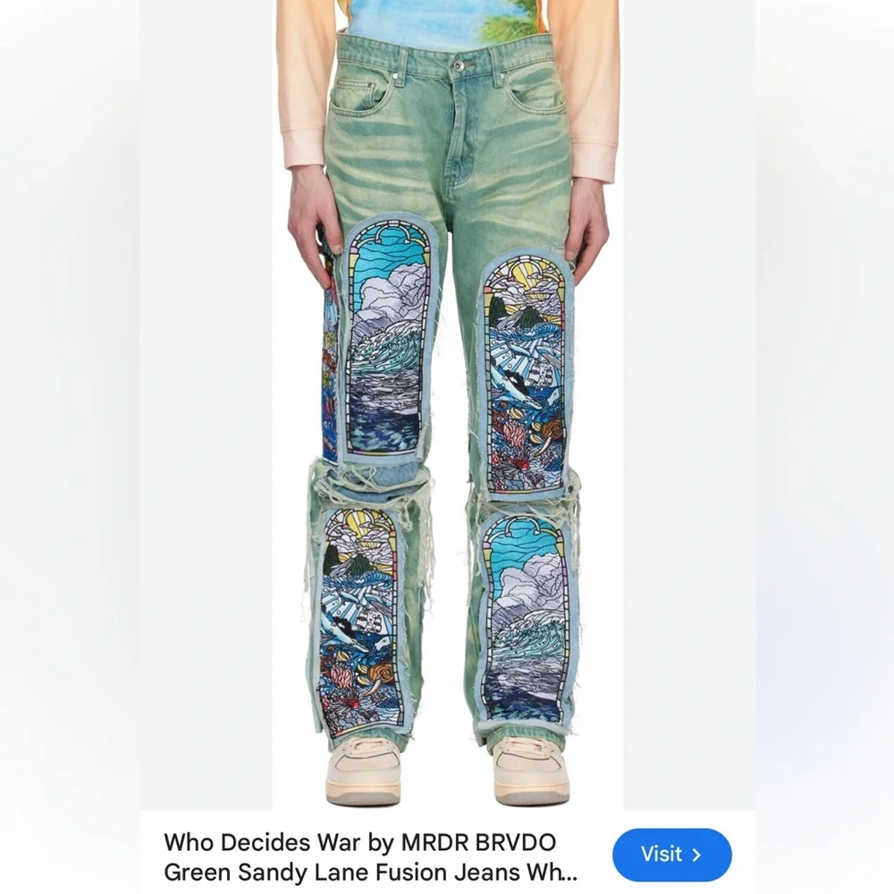 WHO DECIDES WAR PANTS GREEN SANDY WAR FUSION EMBROIDERED JEANS WAIST 28 MRDR BRA